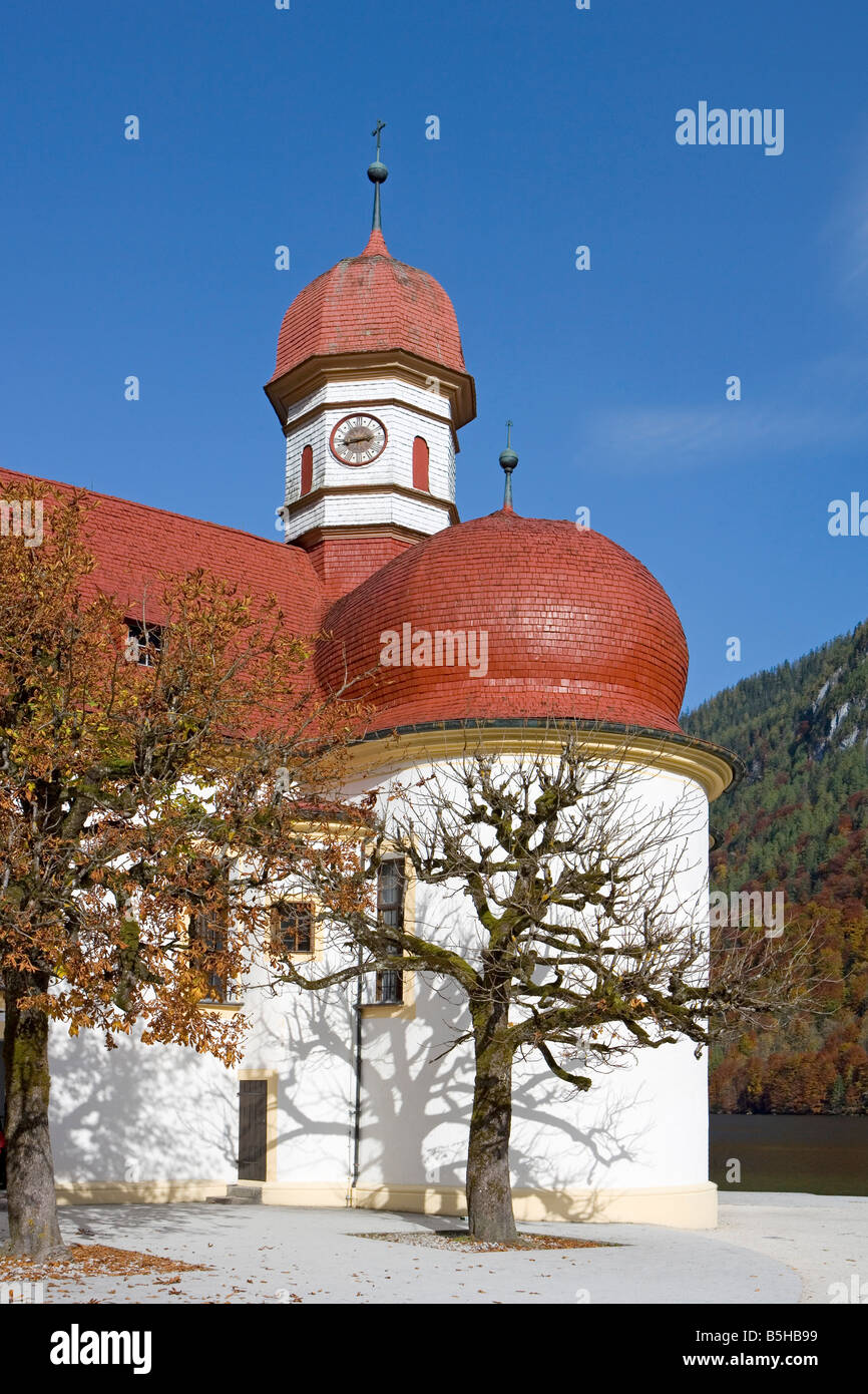 Sankt Bartholomae am Koenigssee, St. Bartholomew pilgrimage church at the Kings Lake Koenigssee Stock Photo