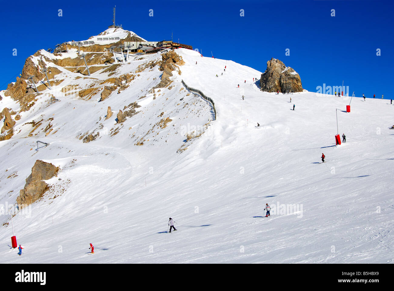 Ski slope beneath Mt Saulire Meribel Couchevel ski resort Trois Vallees France Stock Photo
