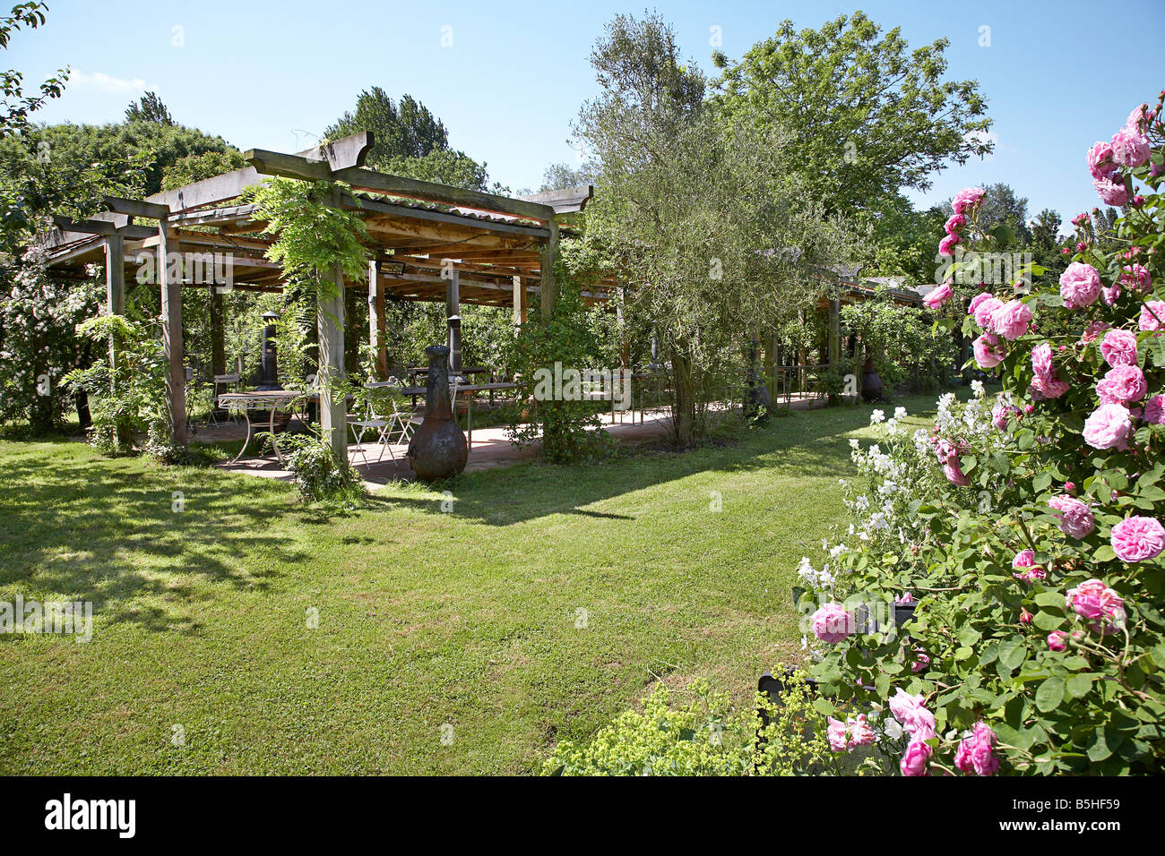 Large Pergola in Summer garden, Taunton Somerset Stock Photo