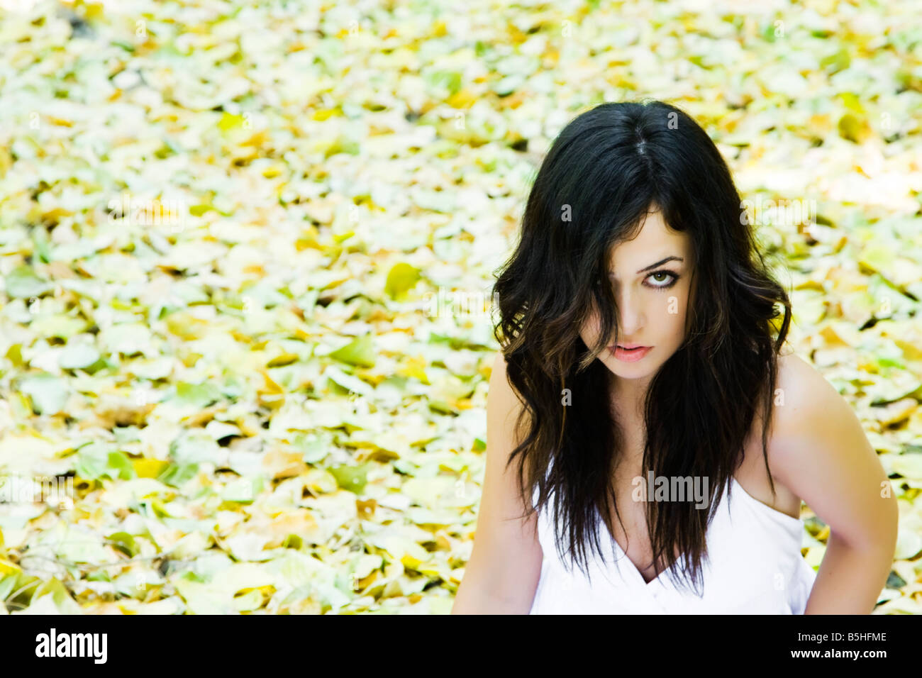 Beautiful woman staring at camera in a fall background Stock Photo