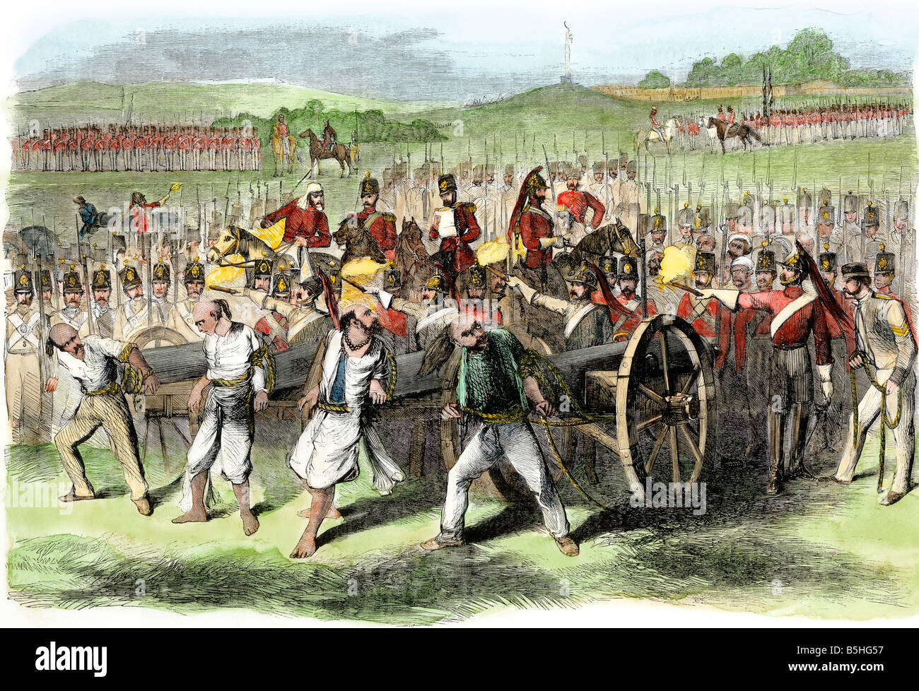 British military executing Sepoys by tying them to cannons during the rebeliion in India 1857. Hand-colored woodcut Stock Photo