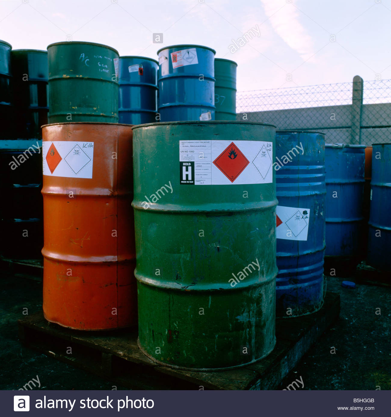 Drums of toxic waste with skull and crossbones symbols at chemical