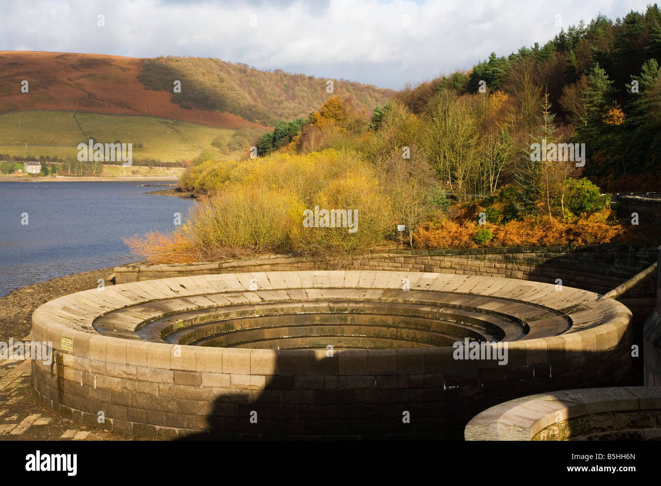 View of the Eastern Spillway at Ladybower Reservoir in the Peak District in Derbyshire Stock Photo