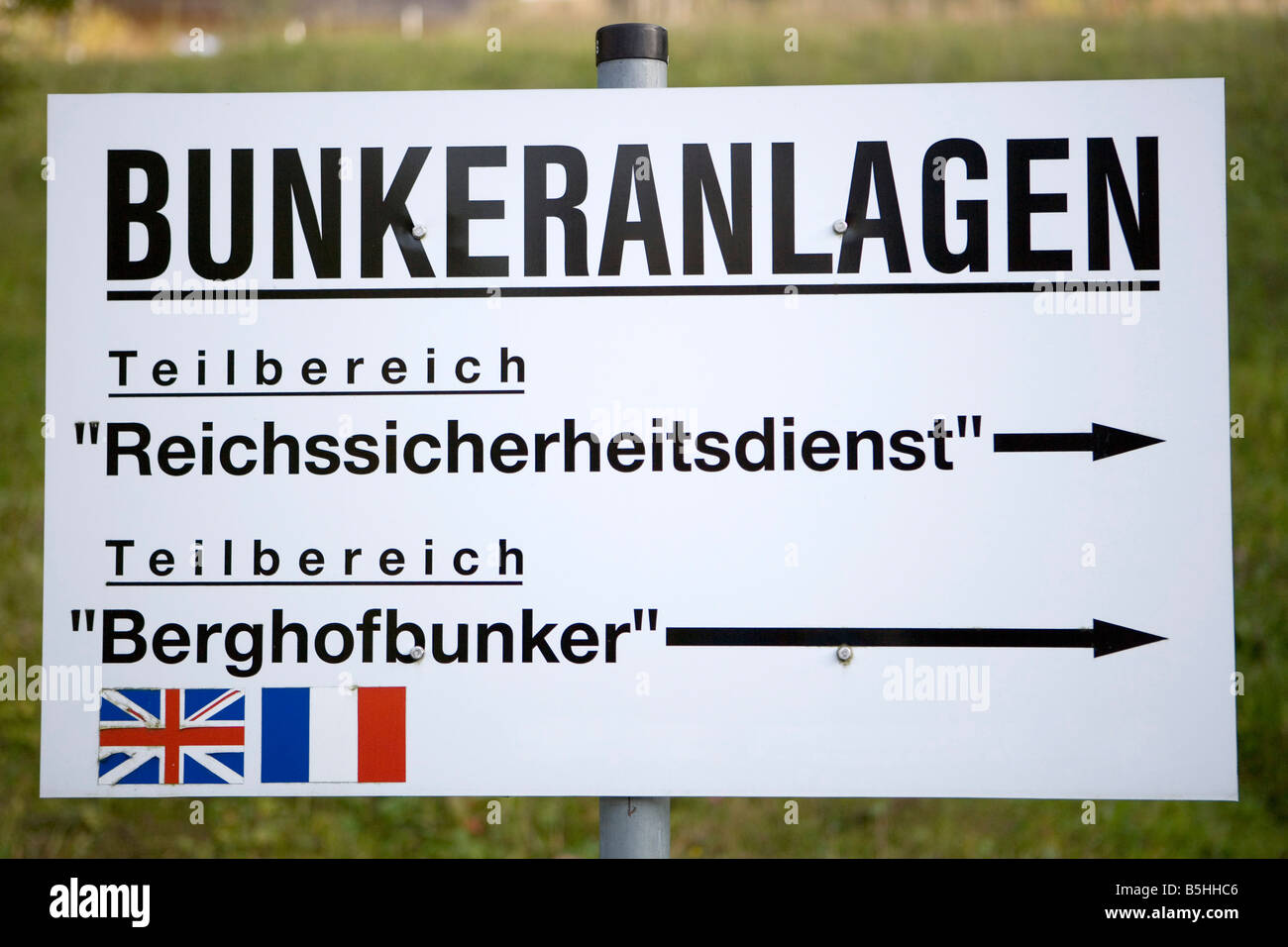 Hinweisschild Bunkeranlagen am Obersalzberg, Sign bunkers at the upper salt mountain Stock Photo