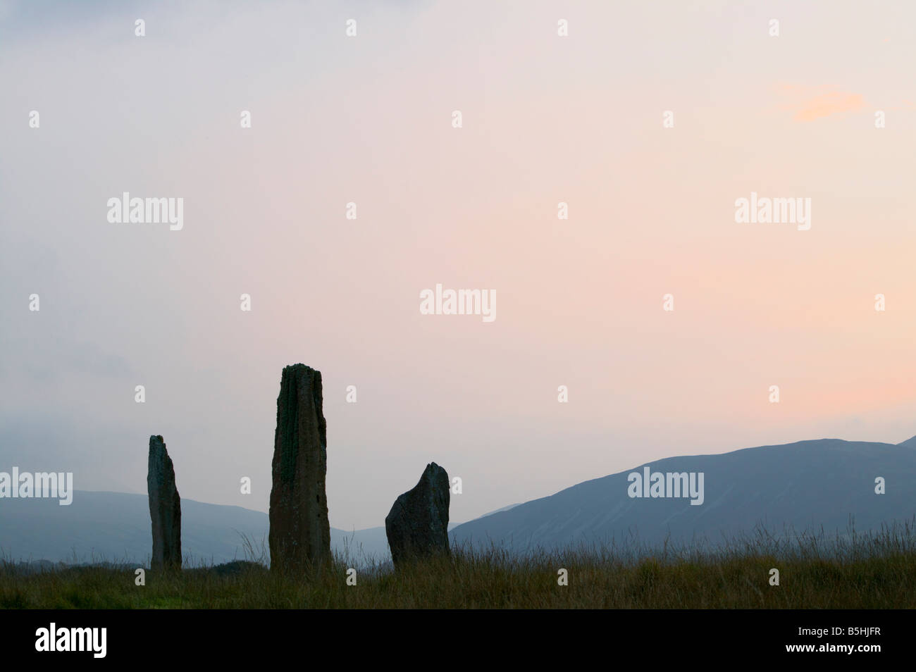 Machrie Moor Stone Circle at sunset. Machrie, Isle of Arran, North Ayrshire, Scotland, UK, Stock Photo