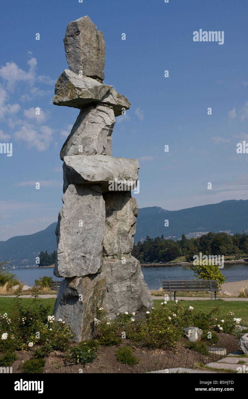 Inukshuk and Peace Sign at English Bay Vancouver Canada Stock Photo