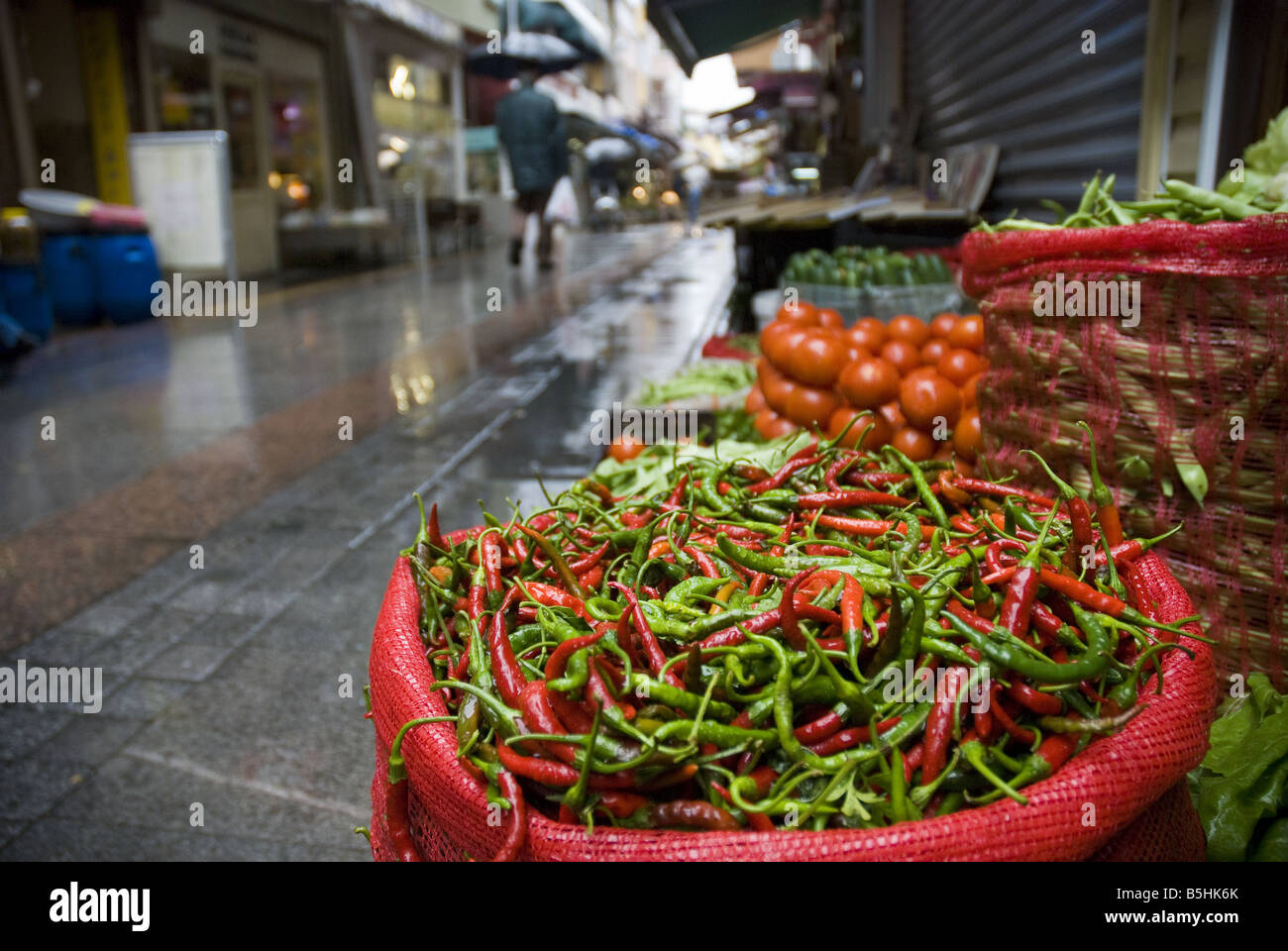 A bag of chillies for sale in the Karakoy bazaar on the Asian side of Istanbul, Turkey. Stock Photo
