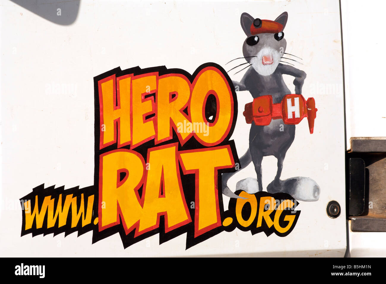 'Hero Rat' website logo on the side door of an APOPO vehicle in Tanzania. Stock Photo