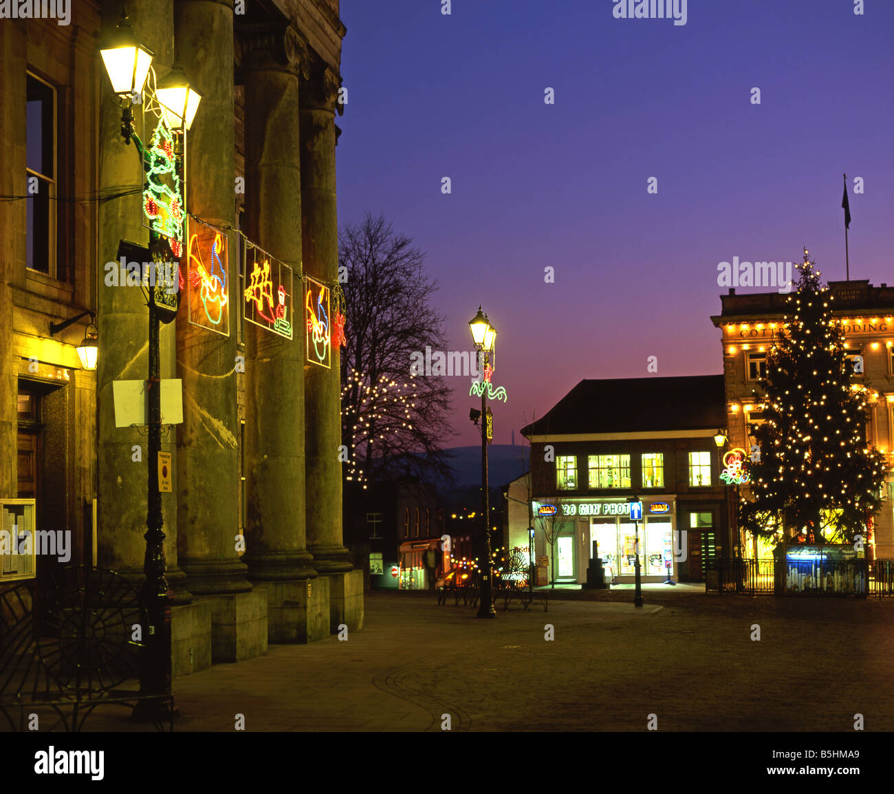 Christmas Lights and the Town Hall at Twilight in Market Place