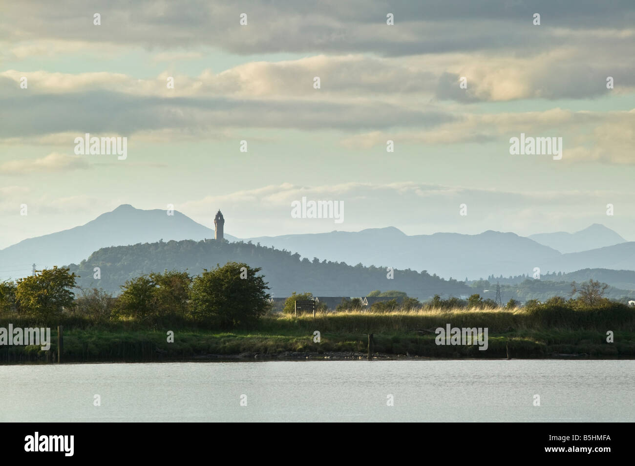 The Wallace Monument and the River Forth viewed across Inch Island, Scotland, UK. Stock Photo