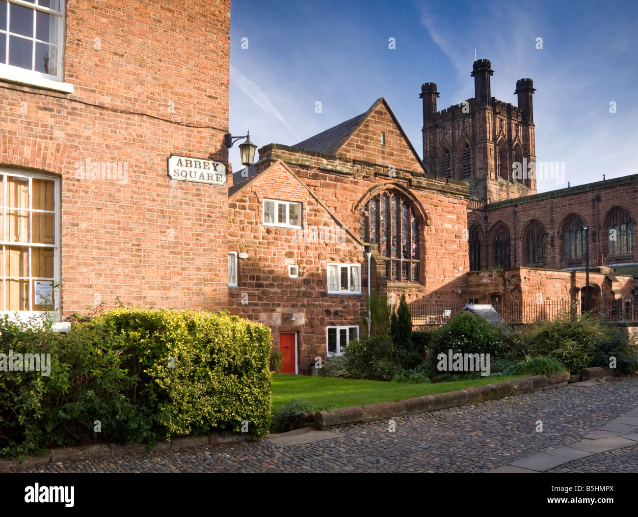 Chester Cathedral from Abbey Square, Chester, Cheshire, England, UK Stock Photo