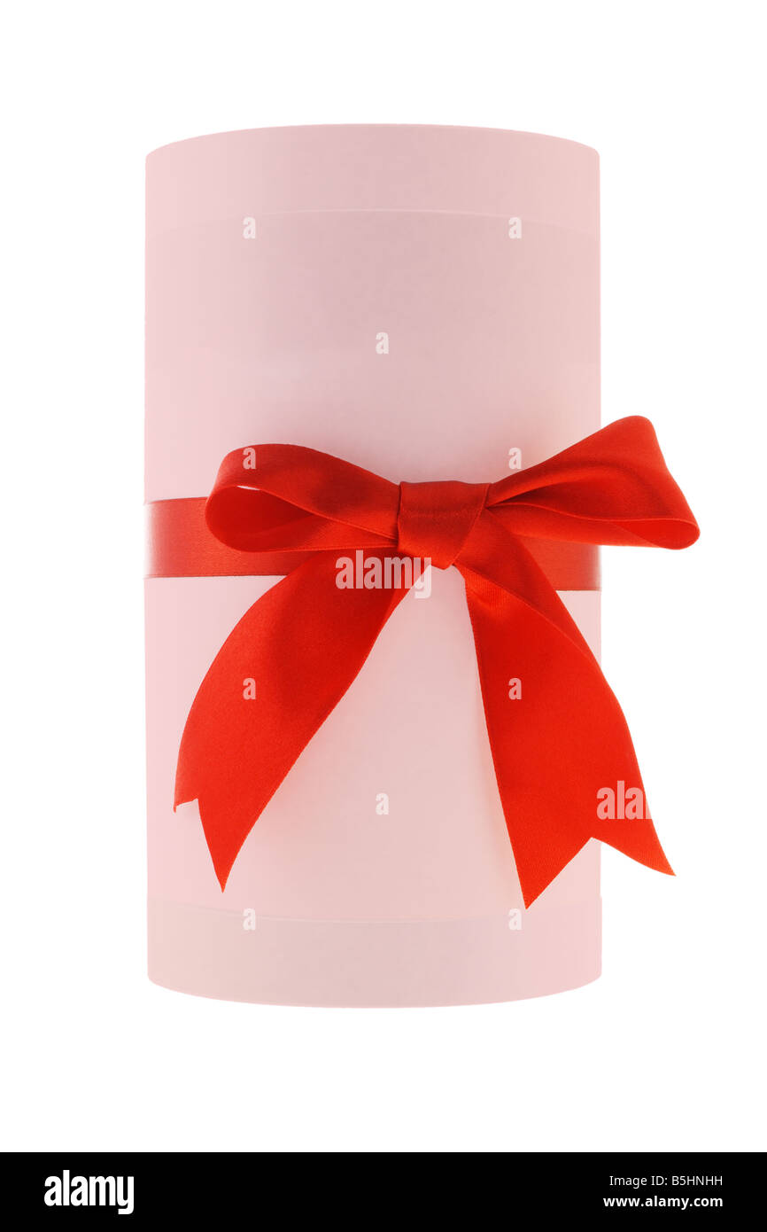 Blank cylindrical shape gift box and red bow ribbon with copy space Stock Photo
