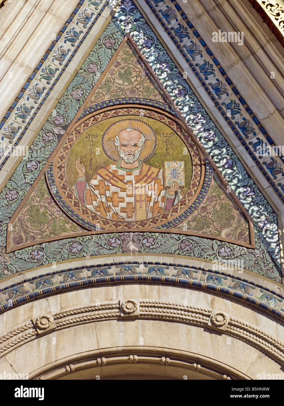 Mosaic of Saint Nicholas on the Russian Orthodox Church of St Nicholas the Miracle-Maker in Sofia the capital of Bulgaria. Stock Photo