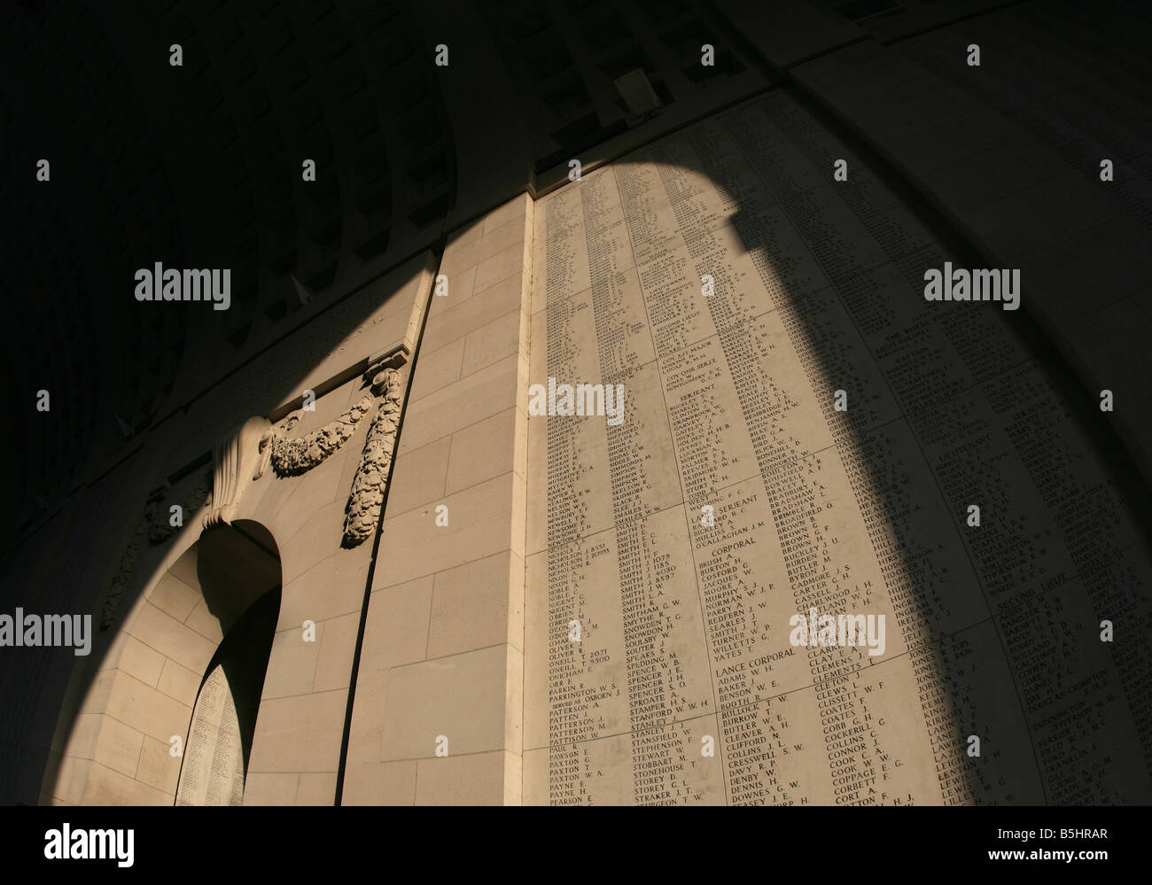 Names of the missing on the walls of the Menin Gate, Ypres. Stock Photo