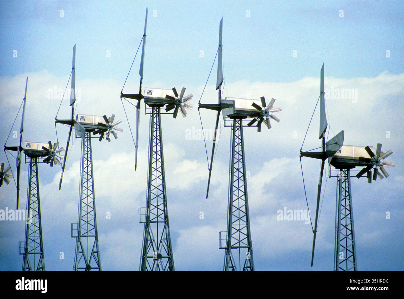Wind powered electric generators create electricity in the California