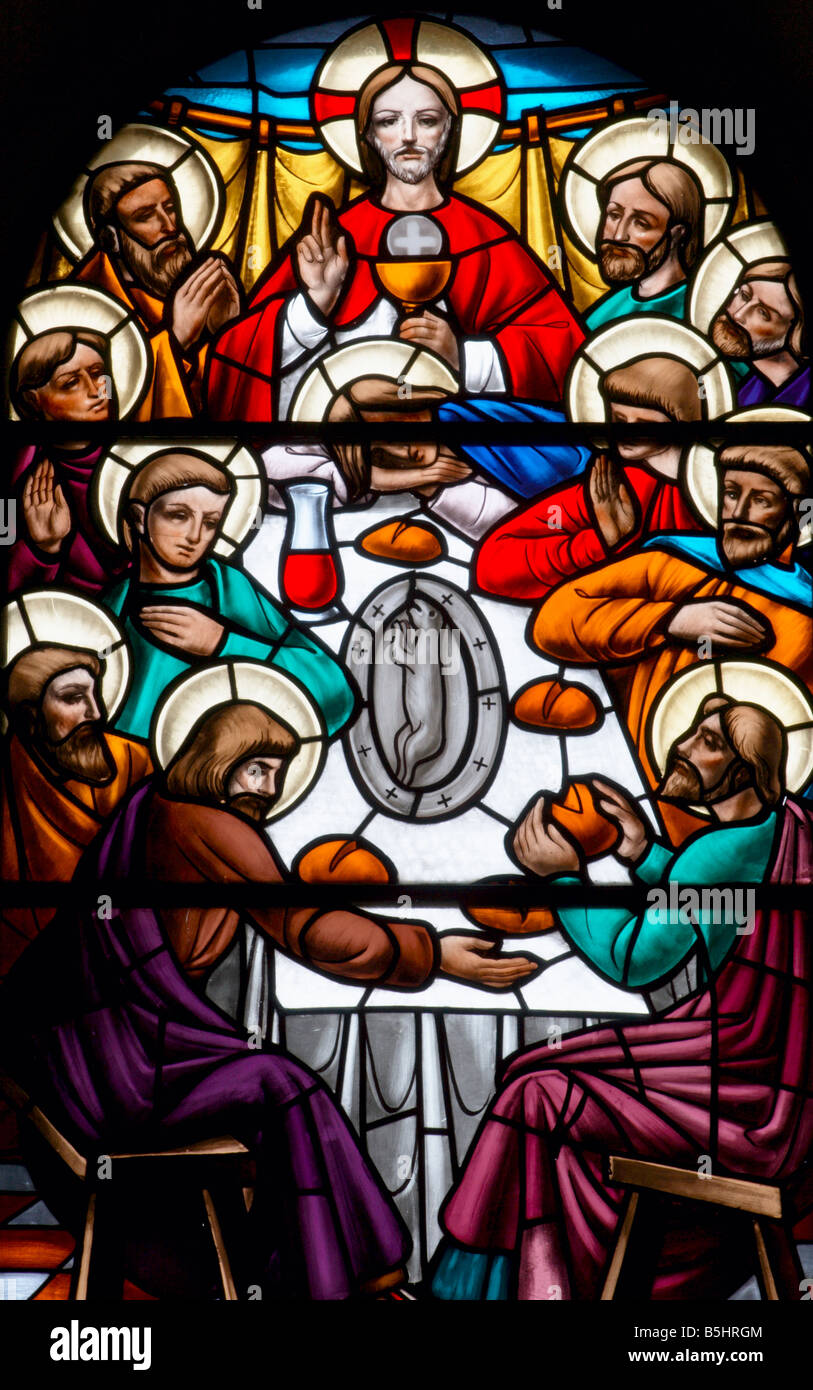 Stained glass window depicting last supper Stock Photo Alamy