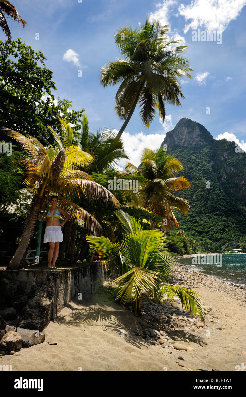 A VIEW OF THE MOUNTAIN PETIT PITON FROM A BEACH NEAR SOUFRIERE ST LUCIA Stock Photo