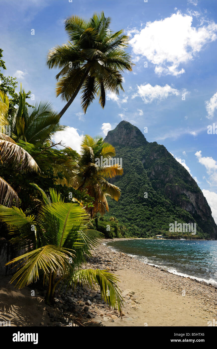 A VIEW OF THE MOUNTAIN PETIT PITON FROM A BEACH NEAR SOUFRIERE ST LUCIA Stock Photo