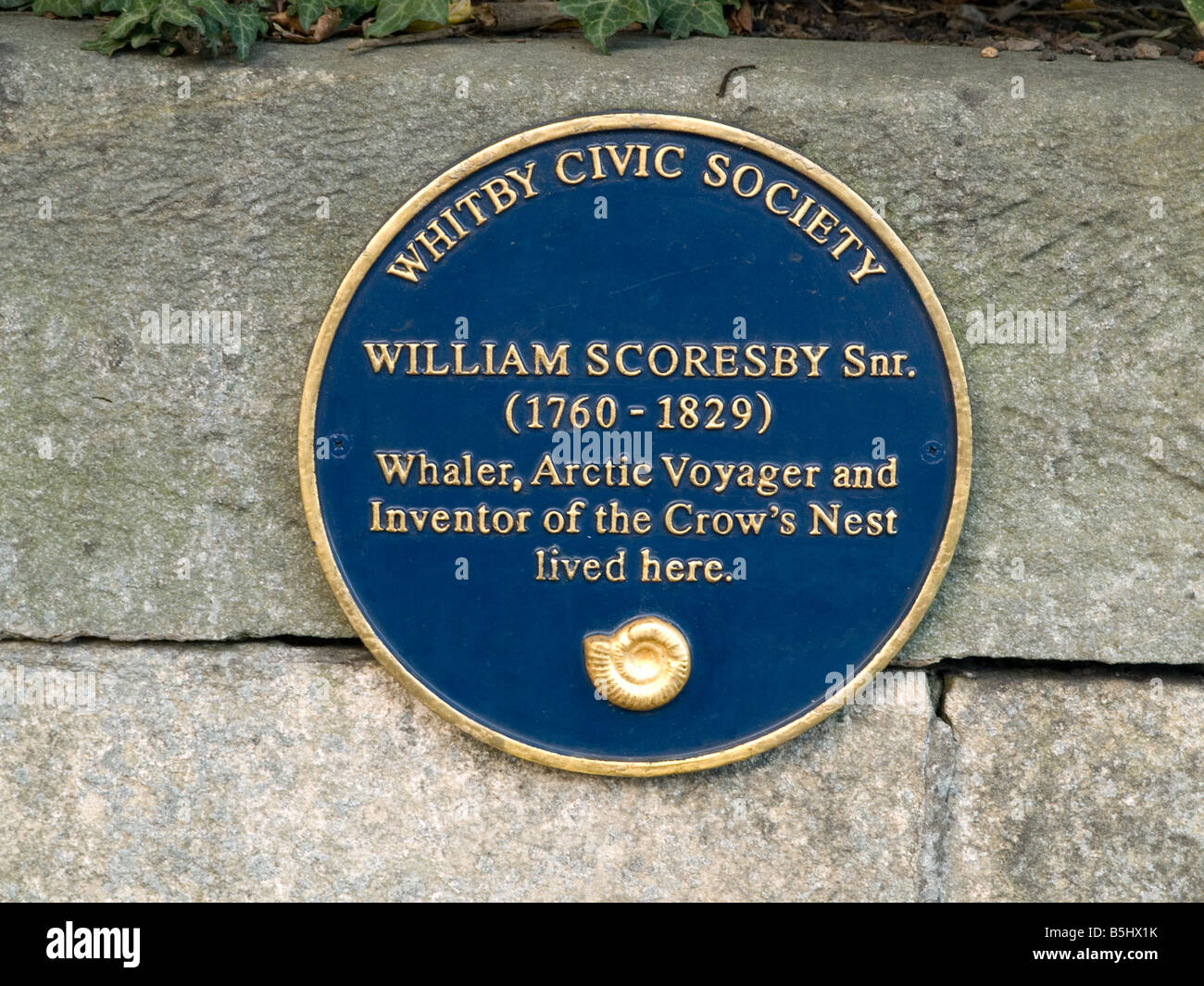 Blue plaque on a wall in Bagdale Whitby marking the home of famous mariner William Scoresby 1760 1829 inventor of the crows nest Stock Photo