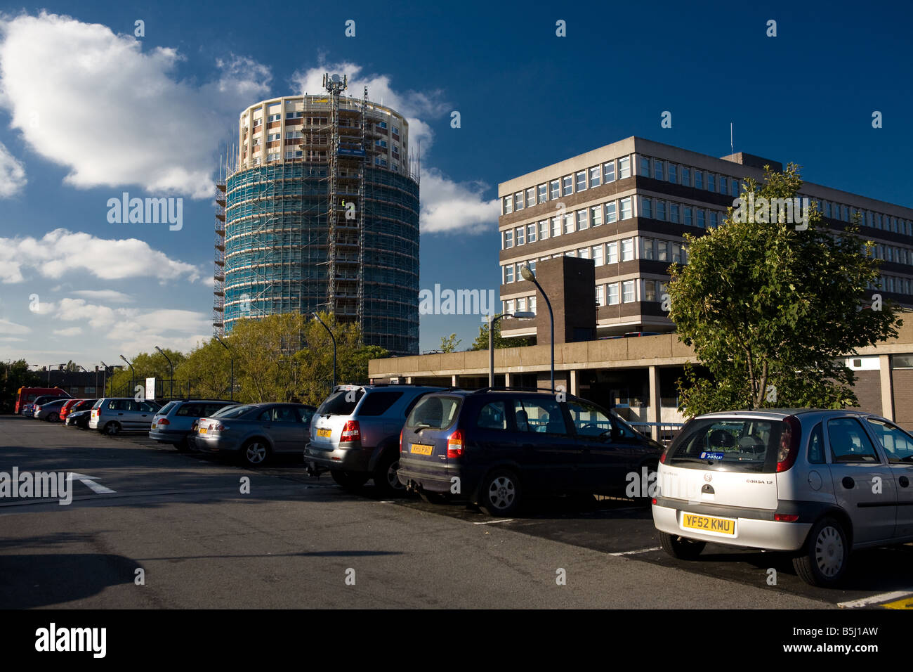 Scaffolding around Block of flats called Dawson House Billingham Stock