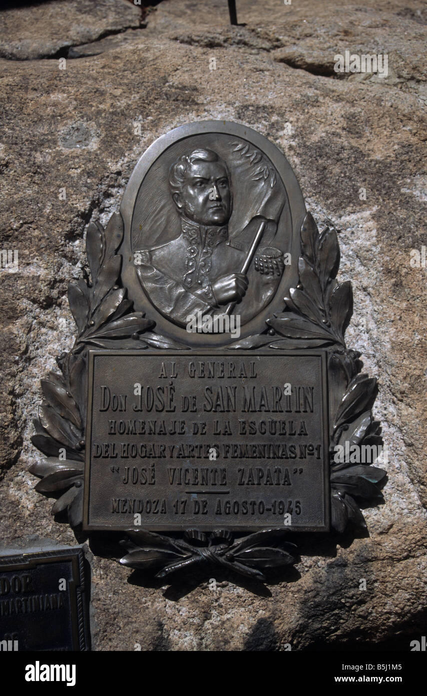 Plaque on monument honouring General José Francisco de San Martín, Cerro de la Gloria, General San Martin Park, Mendoza, Argentina Stock Photo