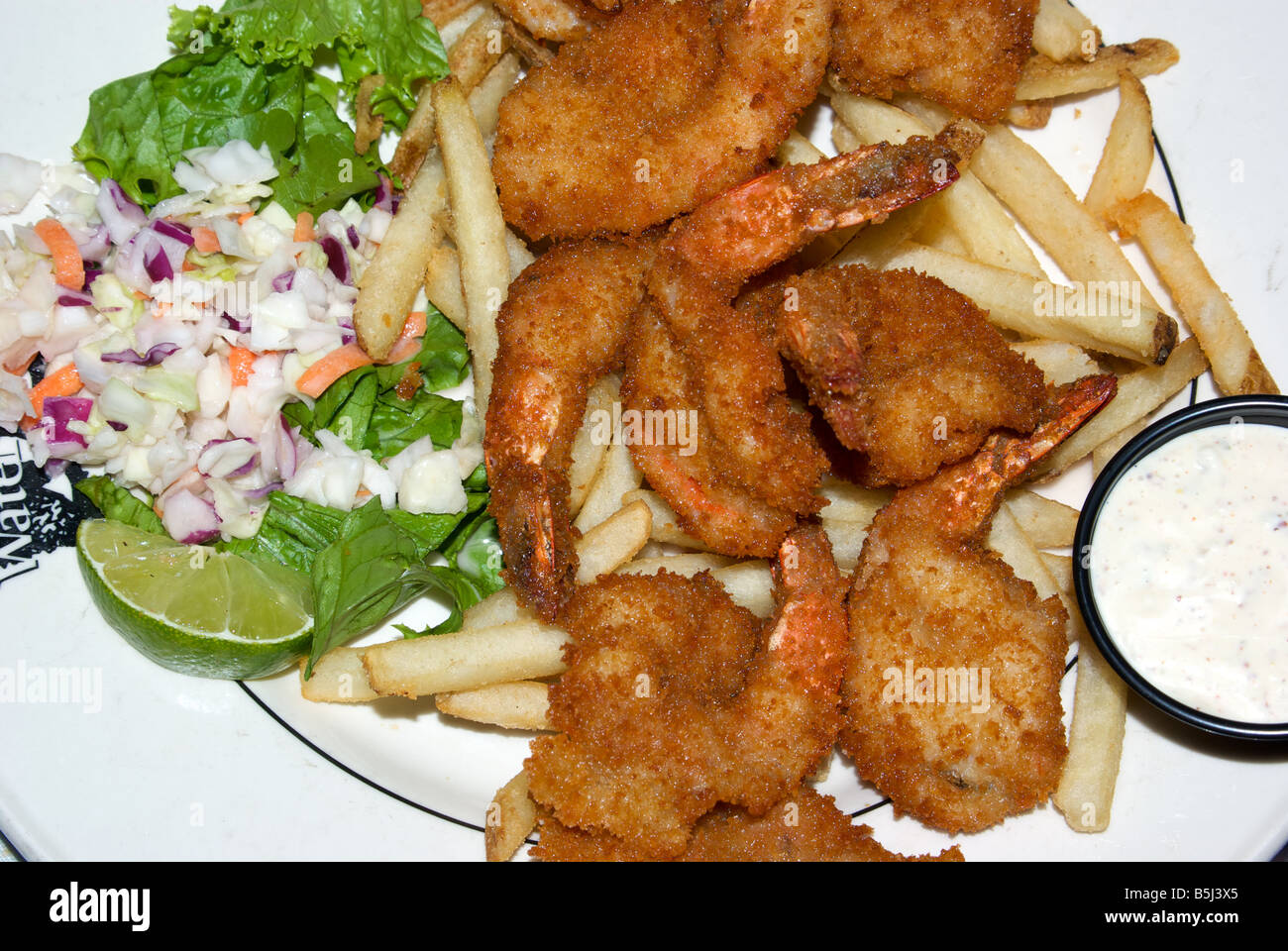 Deep fried breaded gulf shrimp with French fries coleslaw and tartar sauce dinner Stock Photo