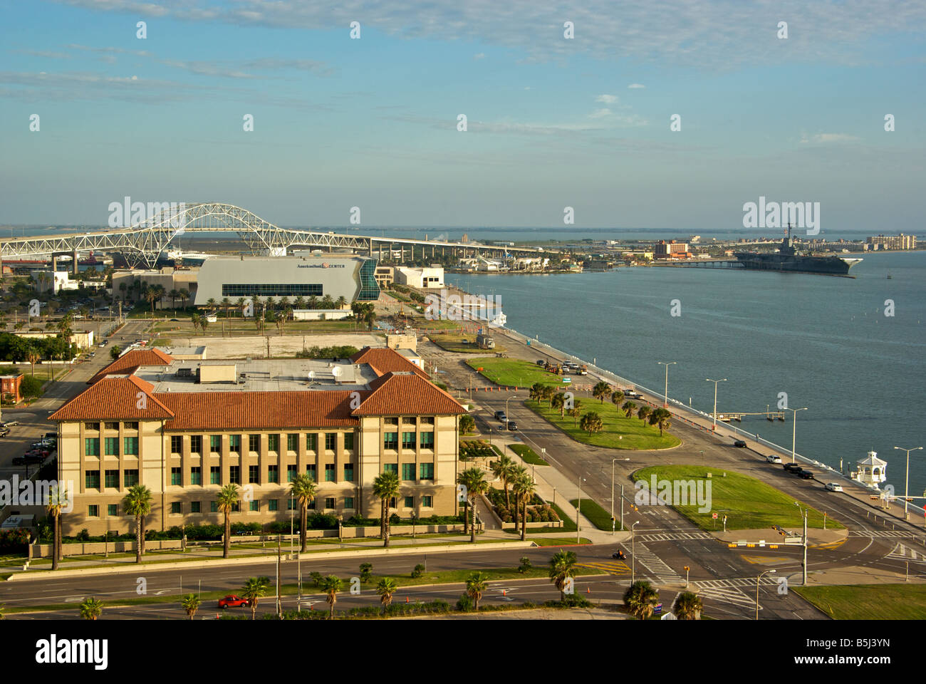 Early morning view of gulf coast oceanside drive harbor USS Lexington floating museum in coastal bend town of Corpus Christi Stock Photo