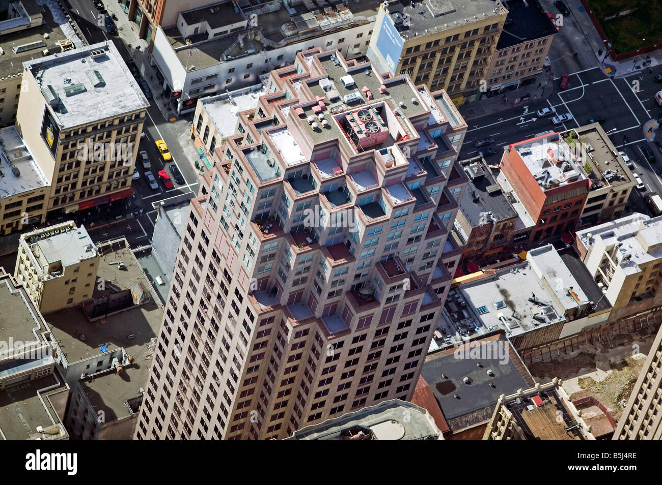 aerial view above 333 Bush Street San Francisco rooftop spaces Stock