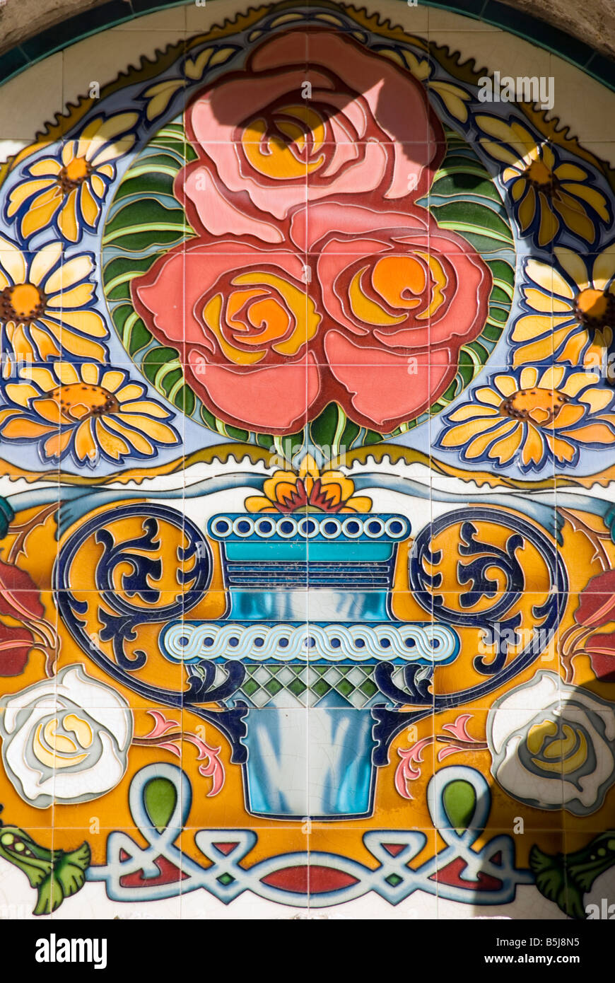 Detail of glazed azulejo tiles in former market hall Mercado de Colón in the city of Valencia Spain Stock Photo