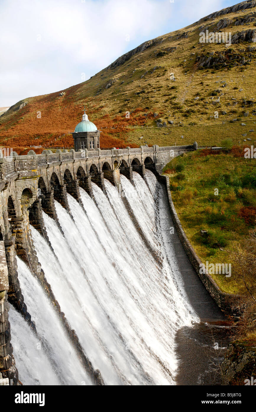 Craig Goch dam overflowing in Powys, Wales UK. Stock Photo