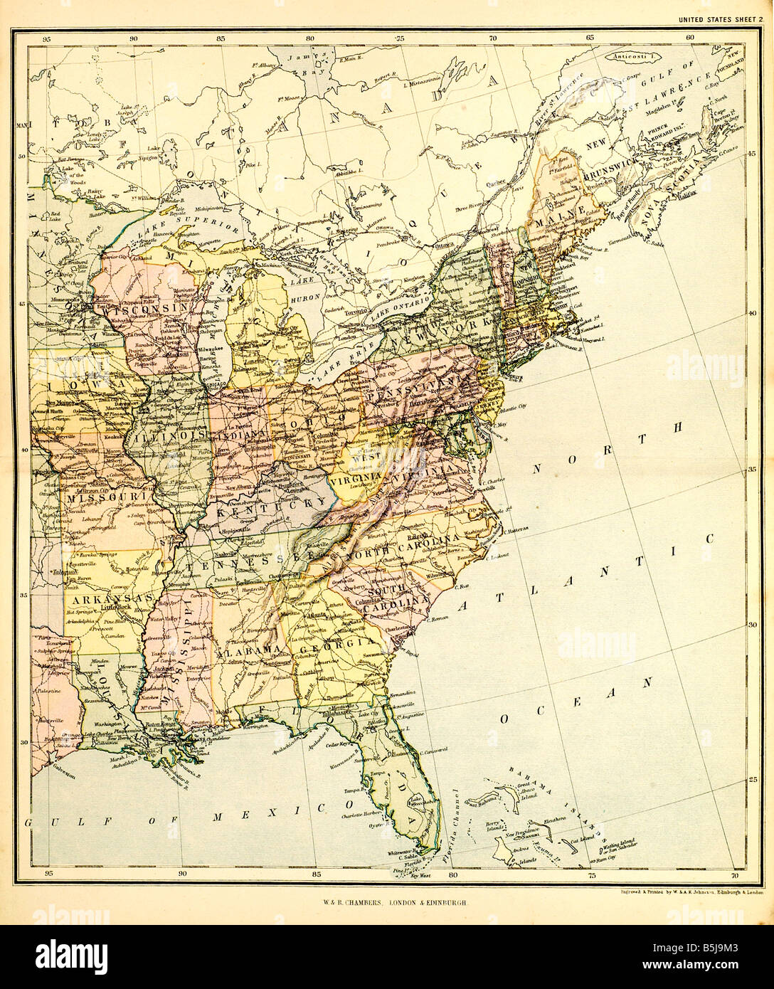 united states east map Eastern Seaboard Atlantic Ocean  Washington New York City Philadelphia Pittsburgh Boston Baltimore Stock Photo