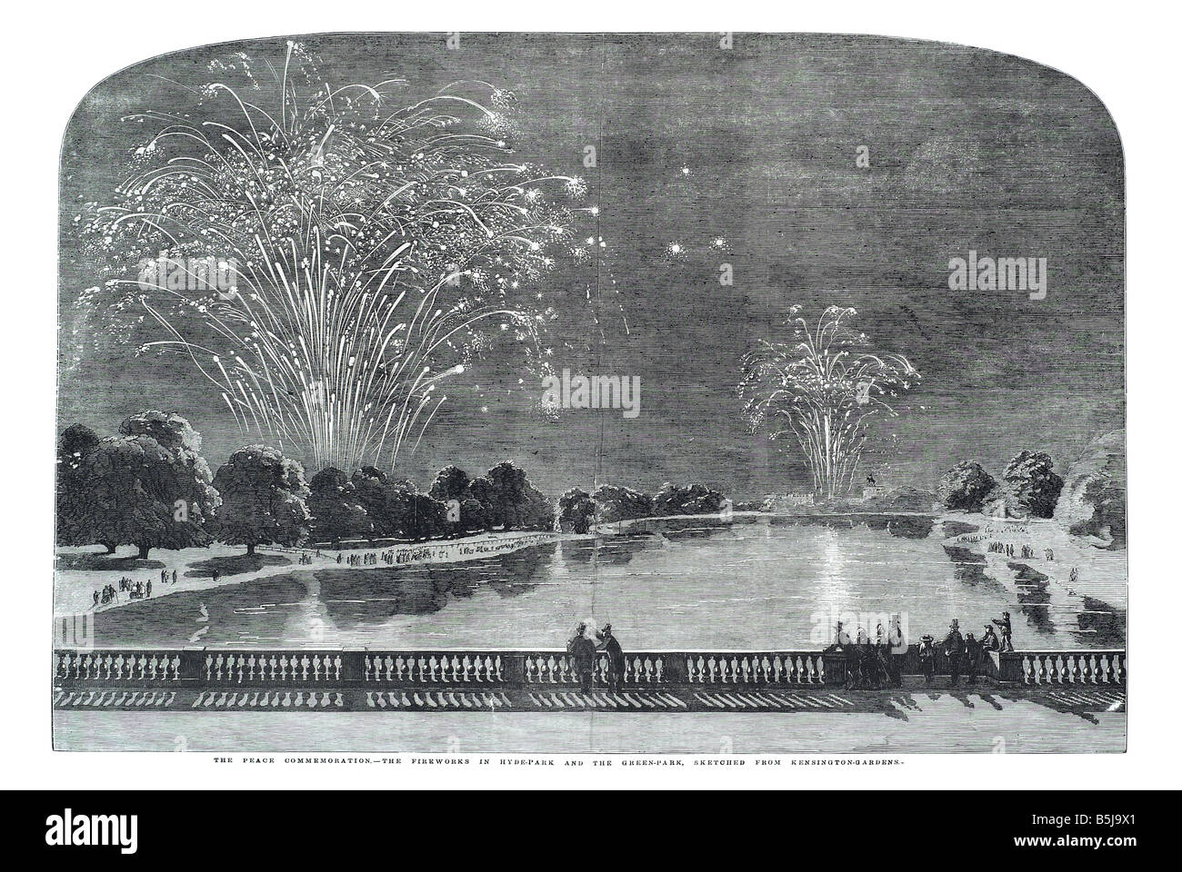 The peace commemoration the fireworks hyde park  the green park from Kensington gardens June 14 1856 The Illustrated London news Stock Photo