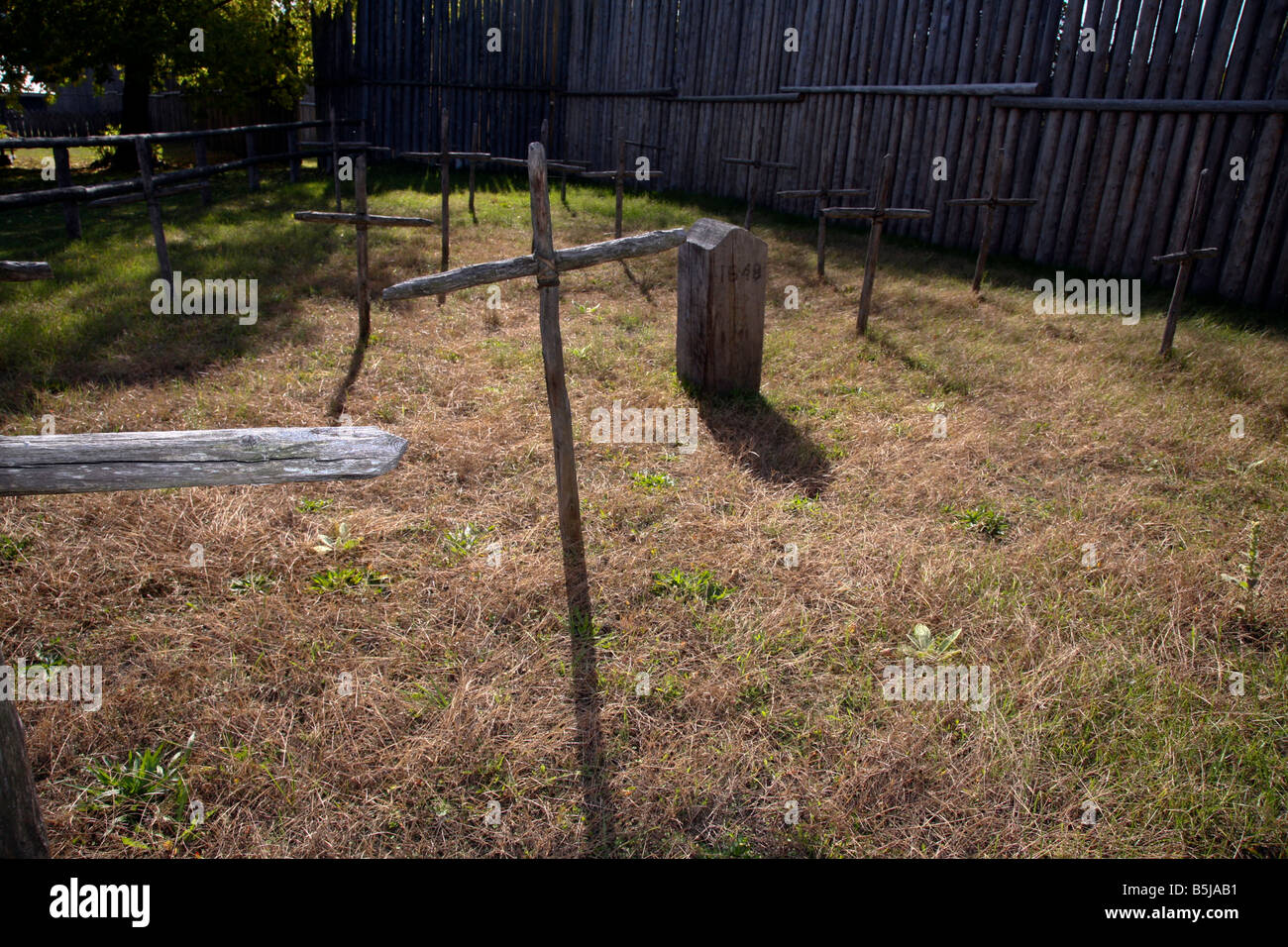 Burial ground and graves of Huron-Jesuit Aboriginal Indian Village near Midland Ontario Canada Stock Photo