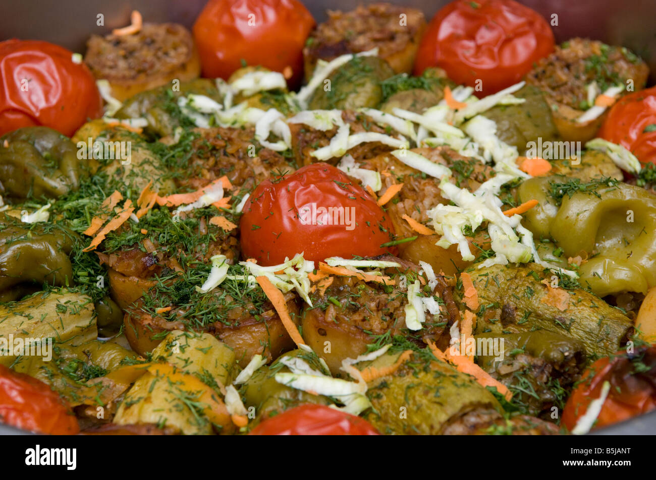 Traditional Mahshi Stuffed Bell Peppers with rice and minced meat and tomatoes. Egypt Stock