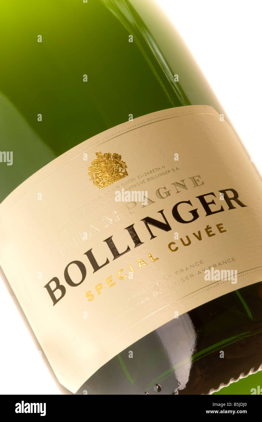 Closeup of the label on a bottle of Bollinger Champagne, seen against a white background. Stock Photo