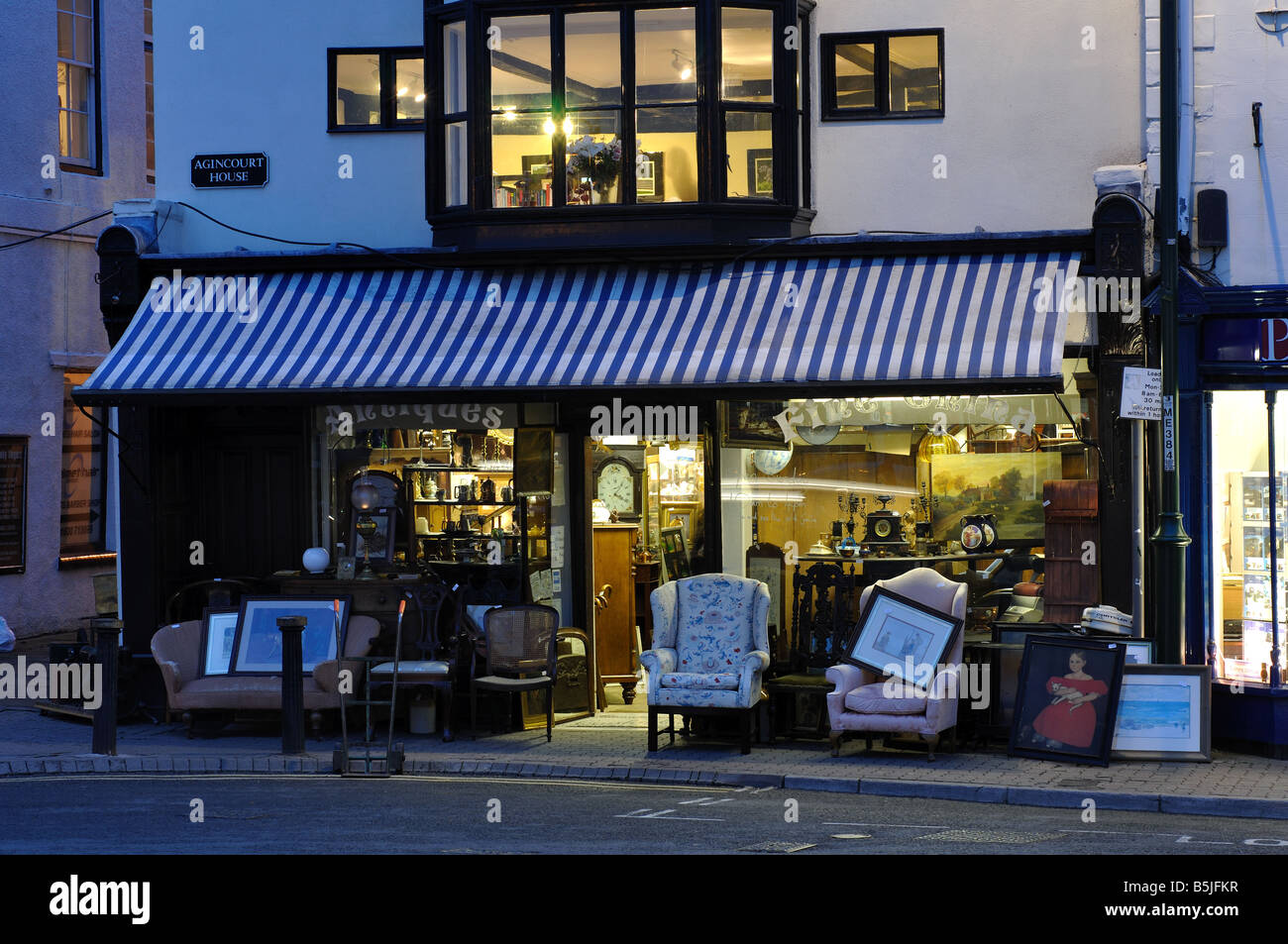 Antiques shop in Agincourt Square, Monmouth, Monmouthshire, Wales, UK