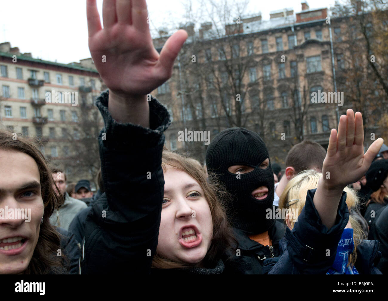 Ultra-nationalist activists making Nazi salutes during their rally in central Petersburg on November 4. Stock Photo