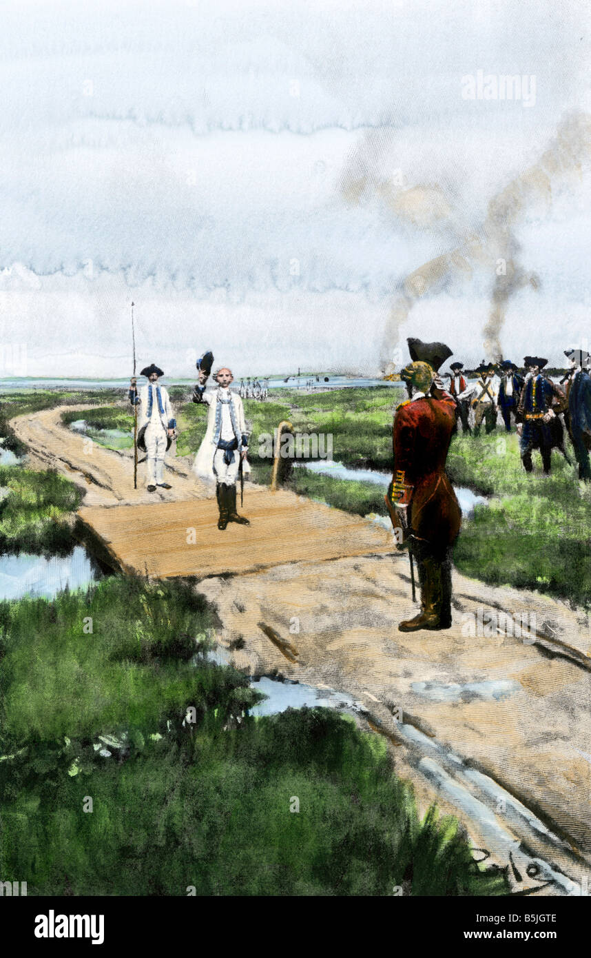 French surrendering Louisbourg, Canada, during the French and Indian War 1758. Hand-colored halftone of a Howard Pyle illustration Stock Photo