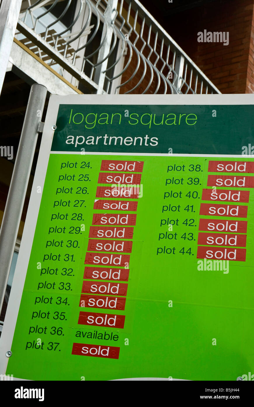 Developers Sign showing Sold Apartments Stock Photo