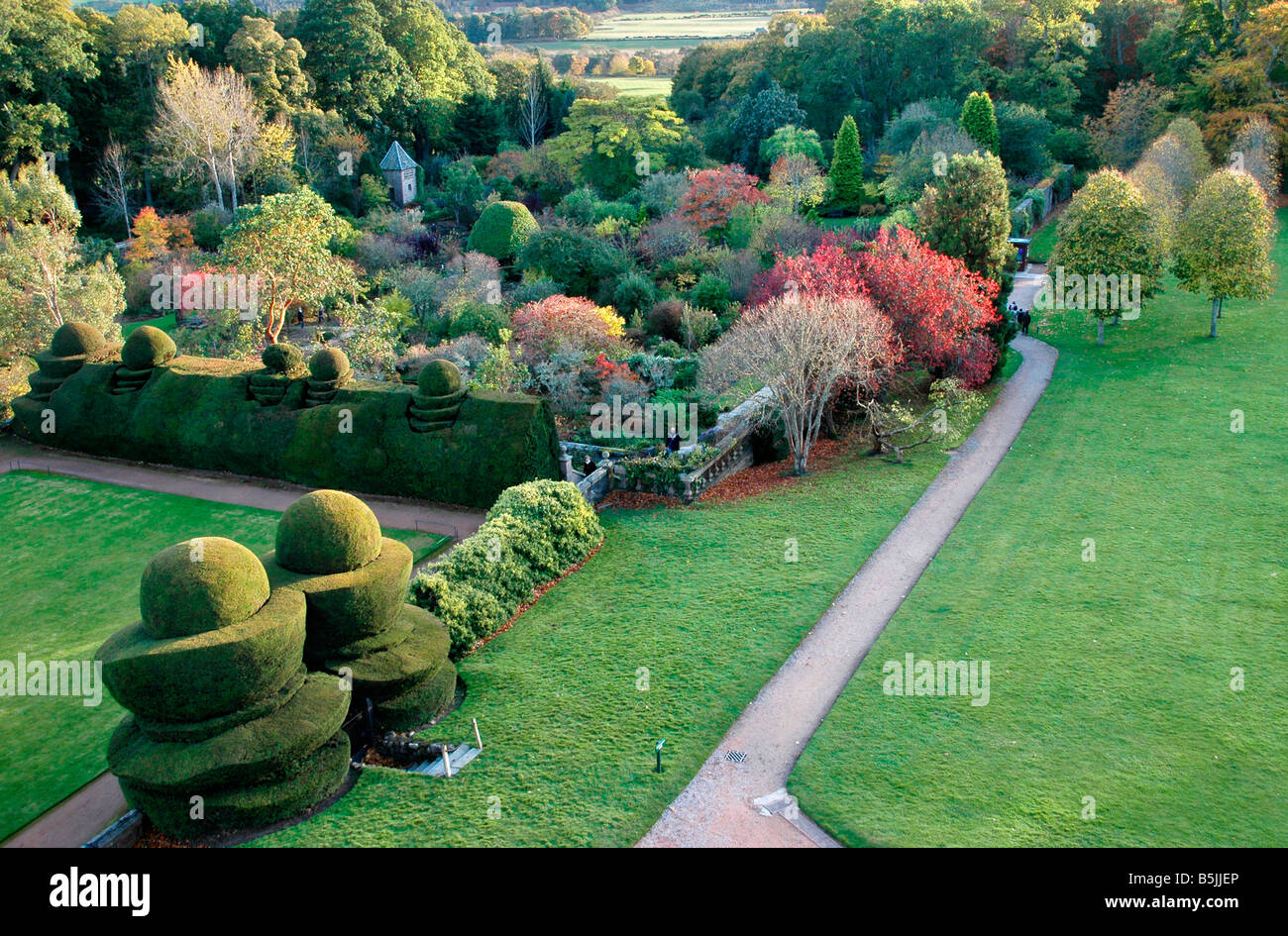 Section of the gardens of Crathes castle, Banchory, Aberdeenshire. Stock Photo