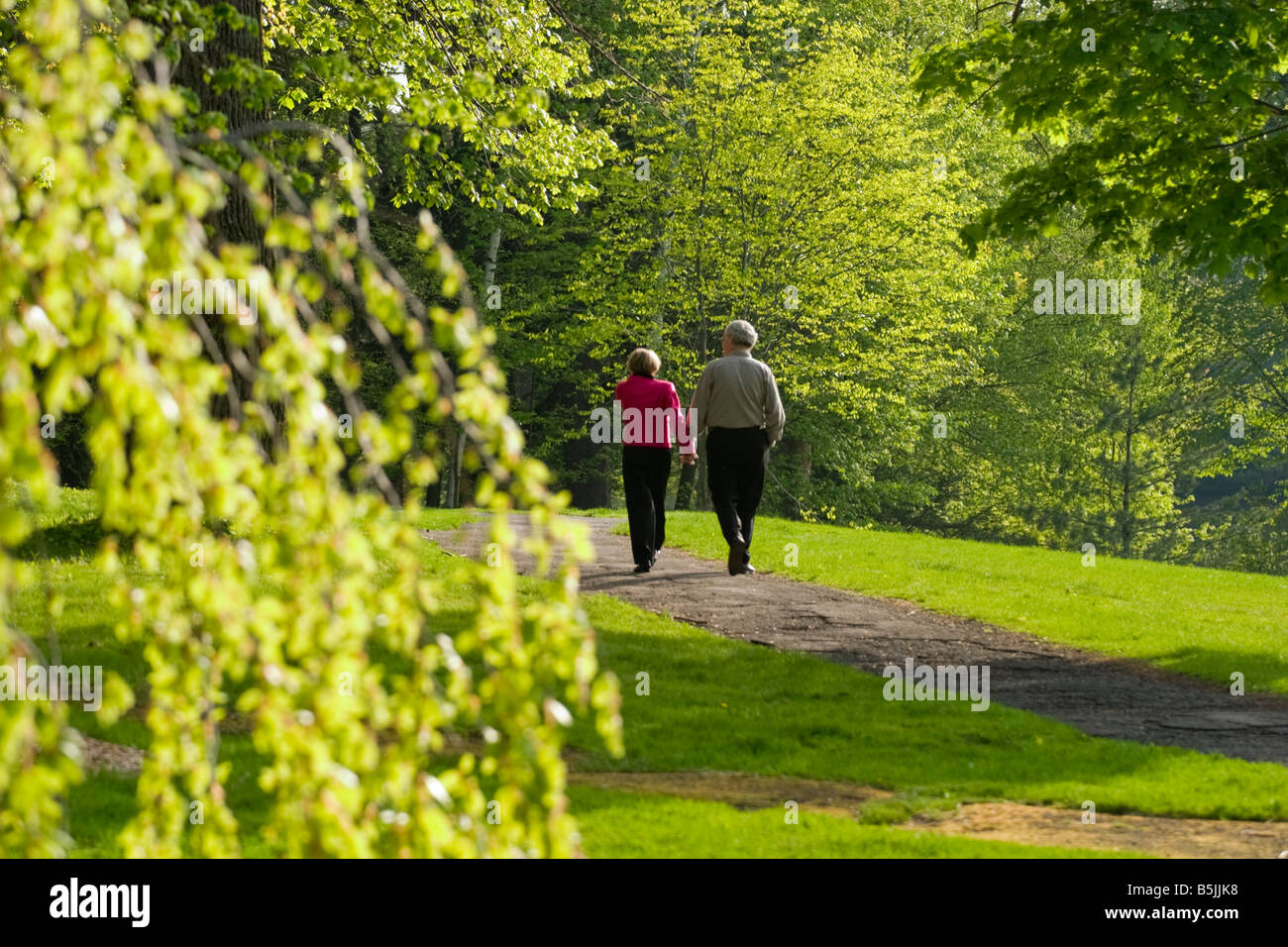 Older couple walking hand in hand down a path at a park Stock Photo