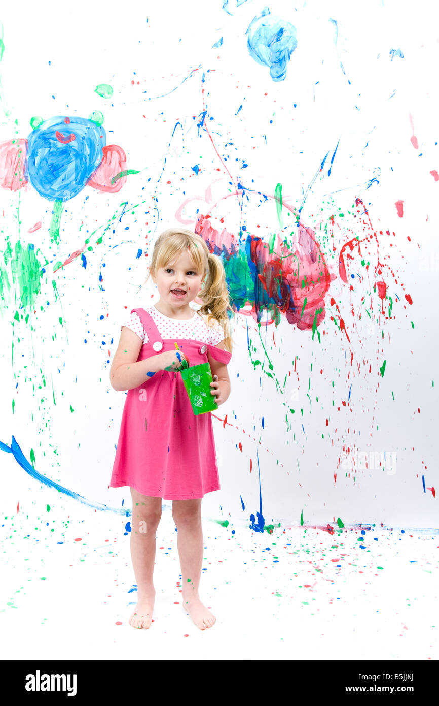 Pretty Little Girl art student, painting with paint splashes, graphic