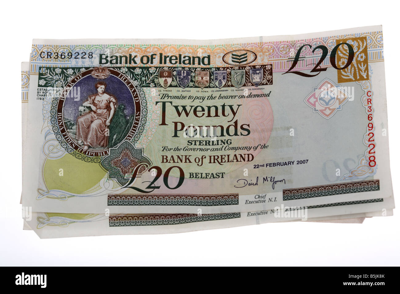 pile 20 pounds sterling northern ireland issued bank of ireland notes
