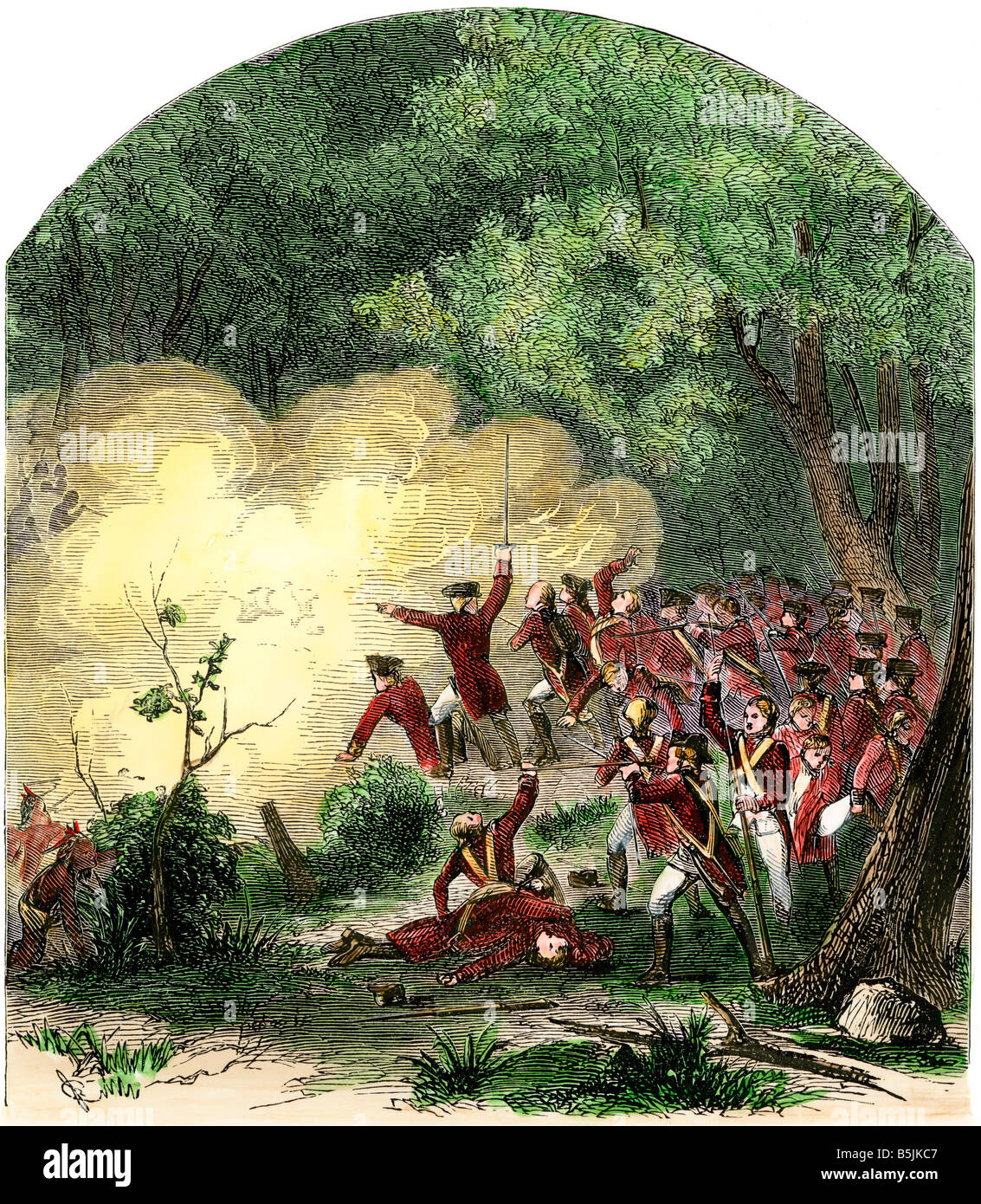 Braddocks forces ambushed en route to Fort Duquesne during the French and Indian War 1755. Hand-colored woodcut Stock Photo