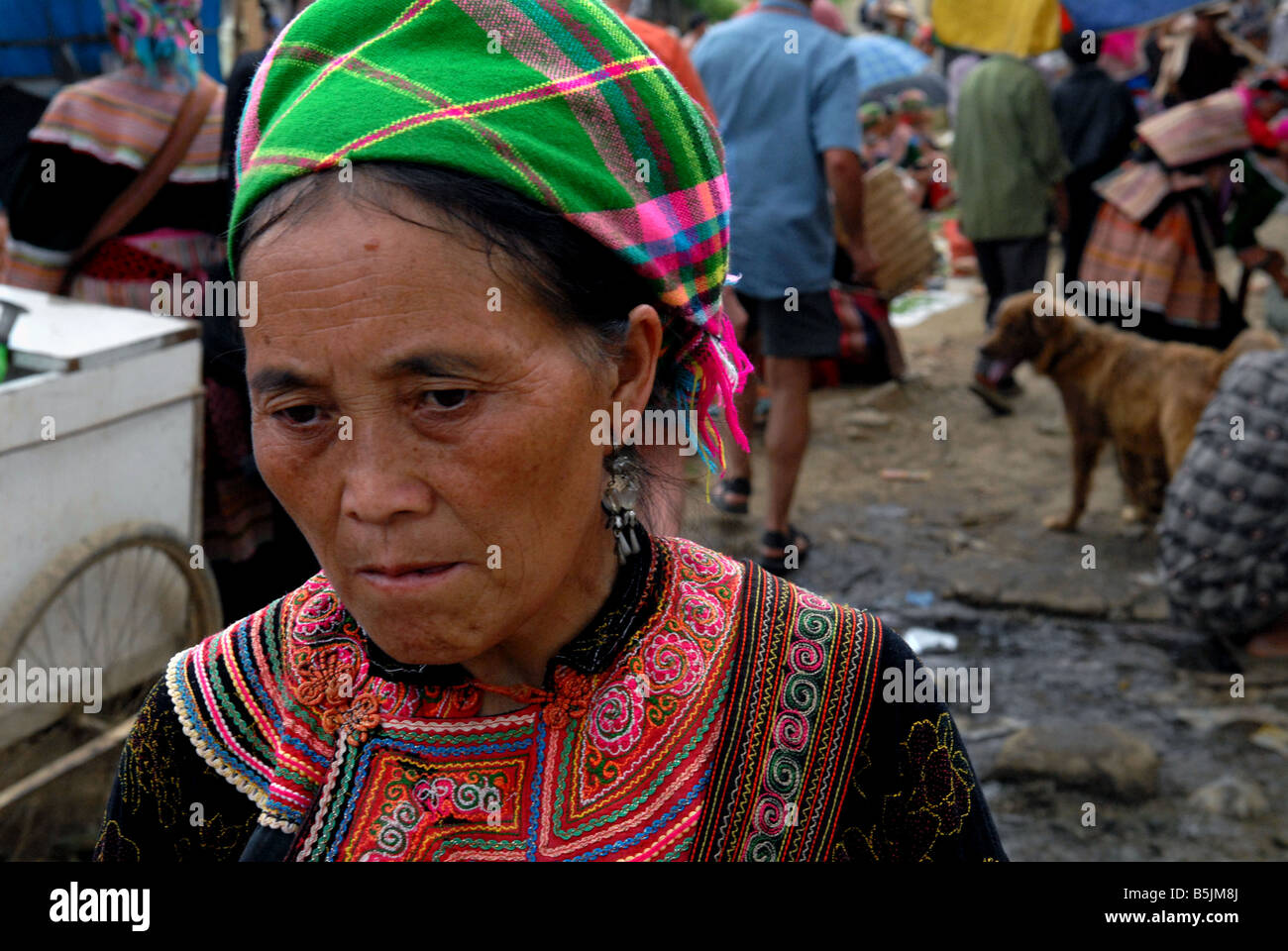Flower Hmong woman Bac Ha village in Northern Vietnam Stock Photo