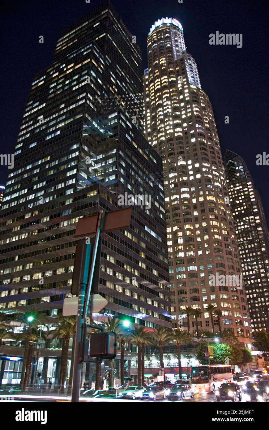 LA skyline, early evening Dusk Los Angeles, California, USA Traffic moving  CA  economic, cultural, entertainment center, US, Stock Photo