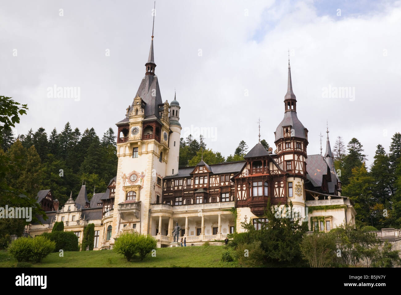 Sinaia Prahova Transylvania Romania 19th century Castle Peles and grounds on wooded hillside overlooking Prahova Valley Stock Photo