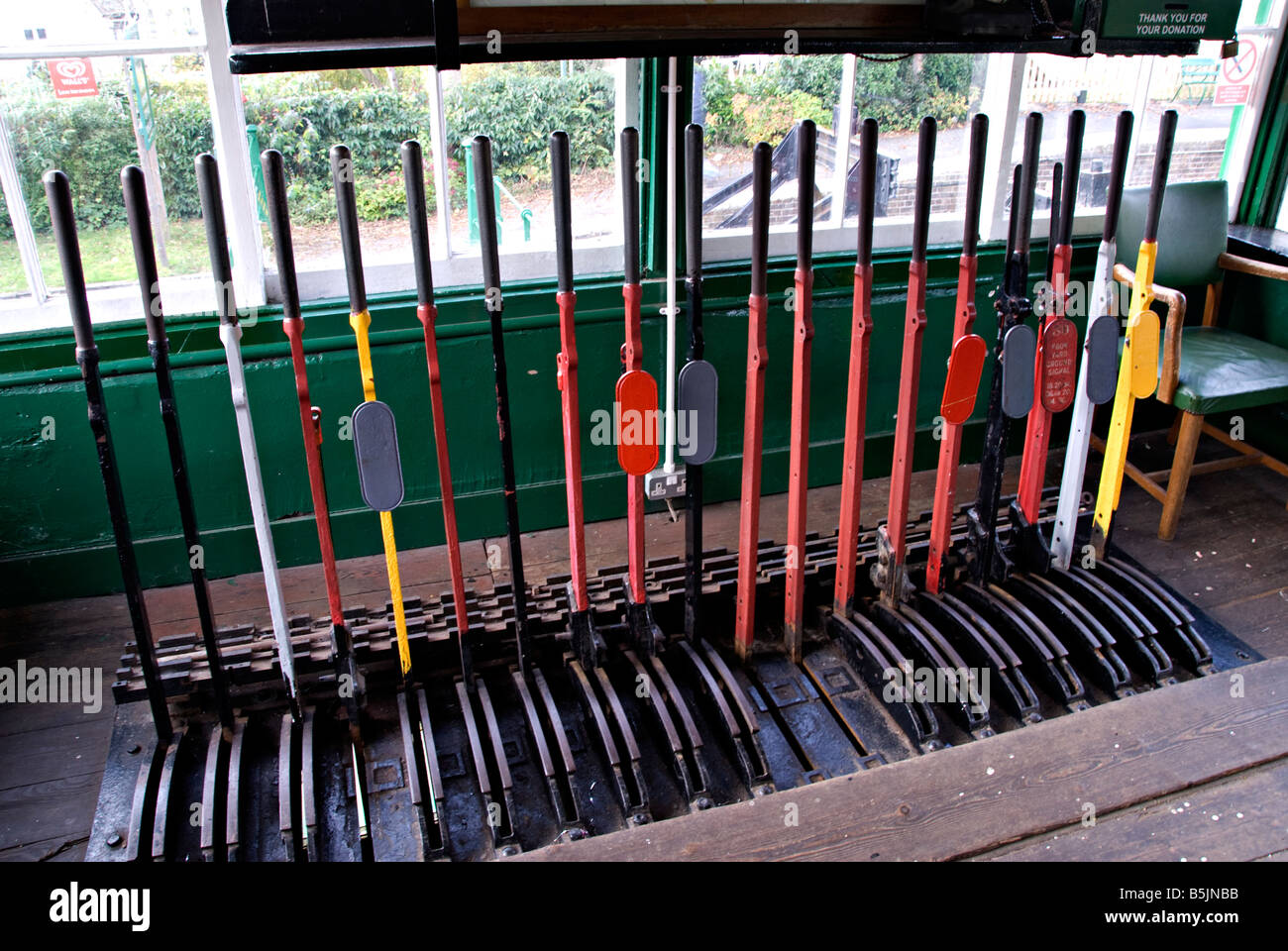 Mechanical Lever Frame inside the signal box on the Lavender Line at Isfield, Sussex, England. Stock Photo