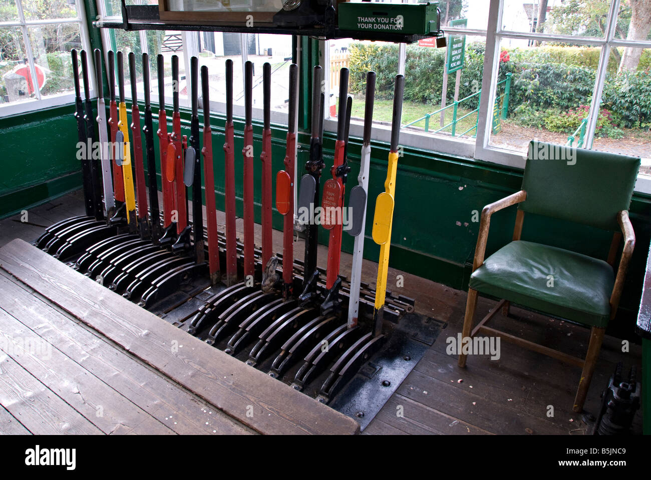 Mechanical Lever Frame inside the signal box on the Lavender Line at Isfield, Sussex, England. Stock Photo