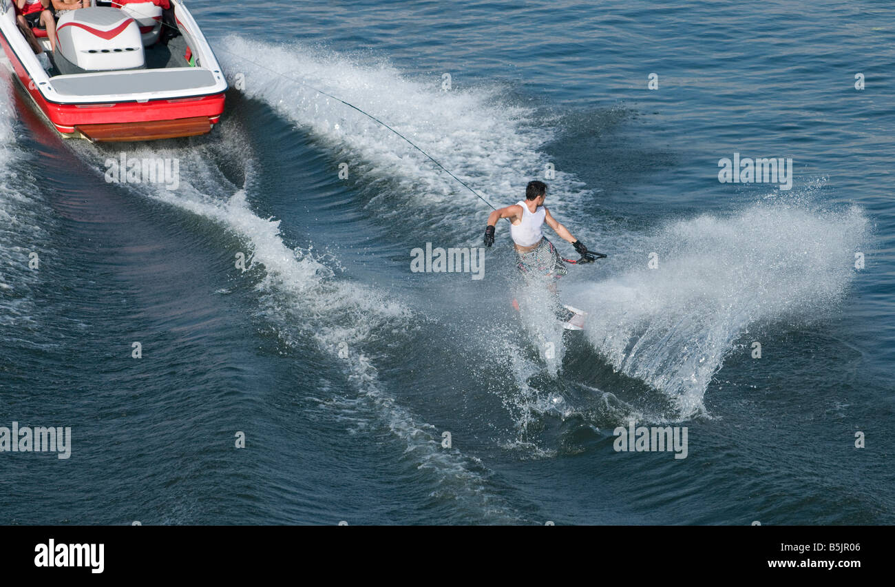 Waterskier in action at waterski and wakeboard competition in Putrajaya, Malaysia Stock Photo